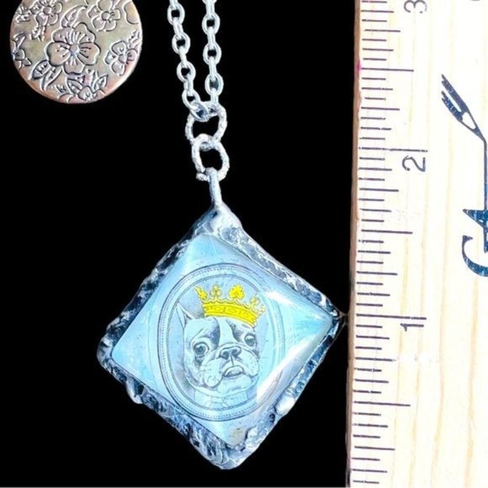 Artisan French Bulldog Glass Pendant & Vintage Necklace Handcrafted with Solder - Picture 9 of 13